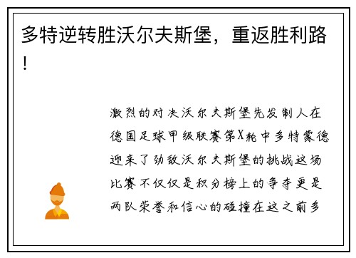 多特逆转胜沃尔夫斯堡，重返胜利路！